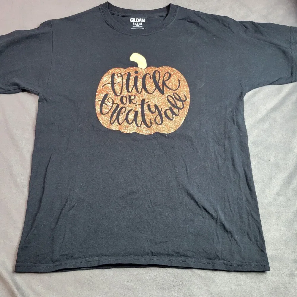 Halloween Shirt Girls Boys XL Black Trick Or Treat Glitter Pumpkin Short‎ Sleeve